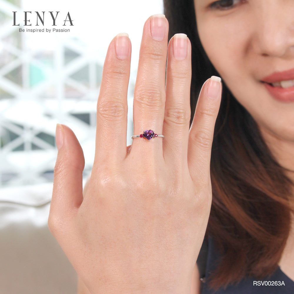 LENYA แหวนเงินแท้ ประดับพลอยอเมทิสต์ (Amethyst) รูปหัวใจ และ ทับทิม (Ruby) เสริมบุคลิกความมั่นใจ เสริมความรัก เสริมให้มีสติ