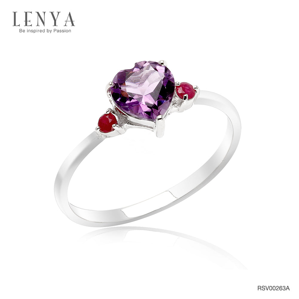 LENYA แหวนเงินแท้ ประดับพลอยอเมทิสต์ (Amethyst) รูปหัวใจ และ ทับทิม (Ruby) เสริมบุคลิกความมั่นใจ เสริมความรัก เสริมให้มีสติ