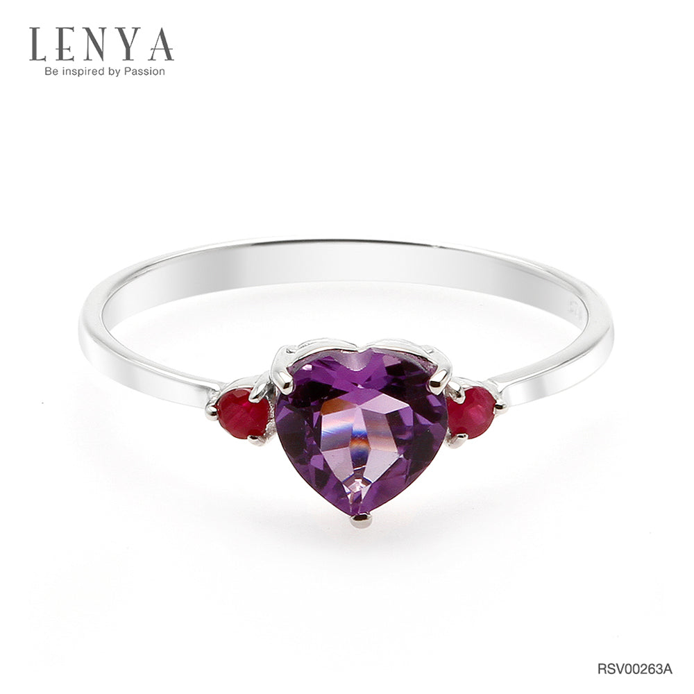 LENYA แหวนเงินแท้ ประดับพลอยอเมทิสต์ (Amethyst) รูปหัวใจ และ ทับทิม (Ruby) เสริมบุคลิกความมั่นใจ เสริมความรัก เสริมให้มีสติ
