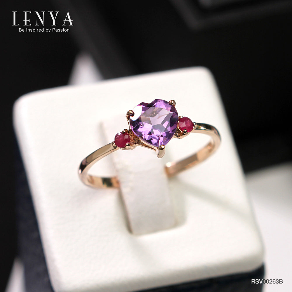 LENYA แหวนเงินแท้ 925 ชุบทองพิ้งคืโกลด์ ประดับพลอยอเมทิสต์ (Amethyst) รูปหัวใจ และ ทับทิม (Ruby) เสริมบุคลิกความมั่นใจ เสริมความรัก เสริมให้มีสติ
