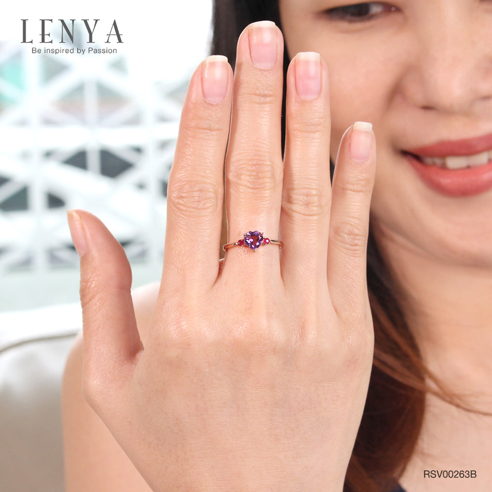 LENYA แหวนเงินแท้ 925 ชุบทองพิ้งคืโกลด์ ประดับพลอยอเมทิสต์ (Amethyst) รูปหัวใจ และ ทับทิม (Ruby) เสริมบุคลิกความมั่นใจ เสริมความรัก เสริมให้มีสติ