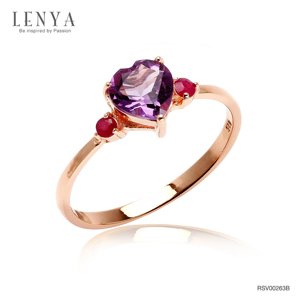 LENYA แหวนเงินแท้ 925 ชุบทองพิ้งคืโกลด์ ประดับพลอยอเมทิสต์ (Amethyst) รูปหัวใจ และ ทับทิม (Ruby) เสริมบุคลิกความมั่นใจ เสริมความรัก เสริมให้มีสติ
