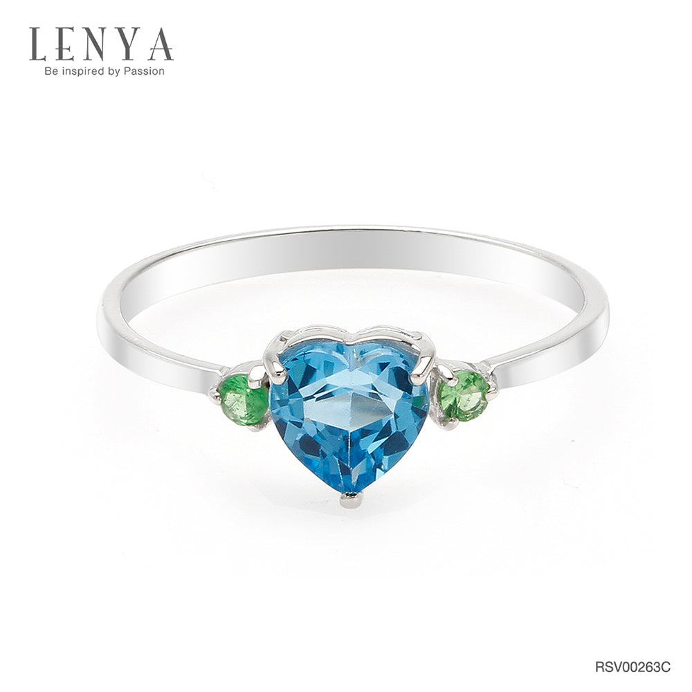 LENYA แหวนพลอยหัวใจบลูโทแพซ(Blue Topaz) สีฟ้า พร้อมด้วย ซาโวไรท์(Tsavorite) สีเชียวเม็ดเล็กสดใส ตัวเรือนเงินแท้ ชุบทองคำขาว เสริมรสนิยม สวยสง่า ดูดี
