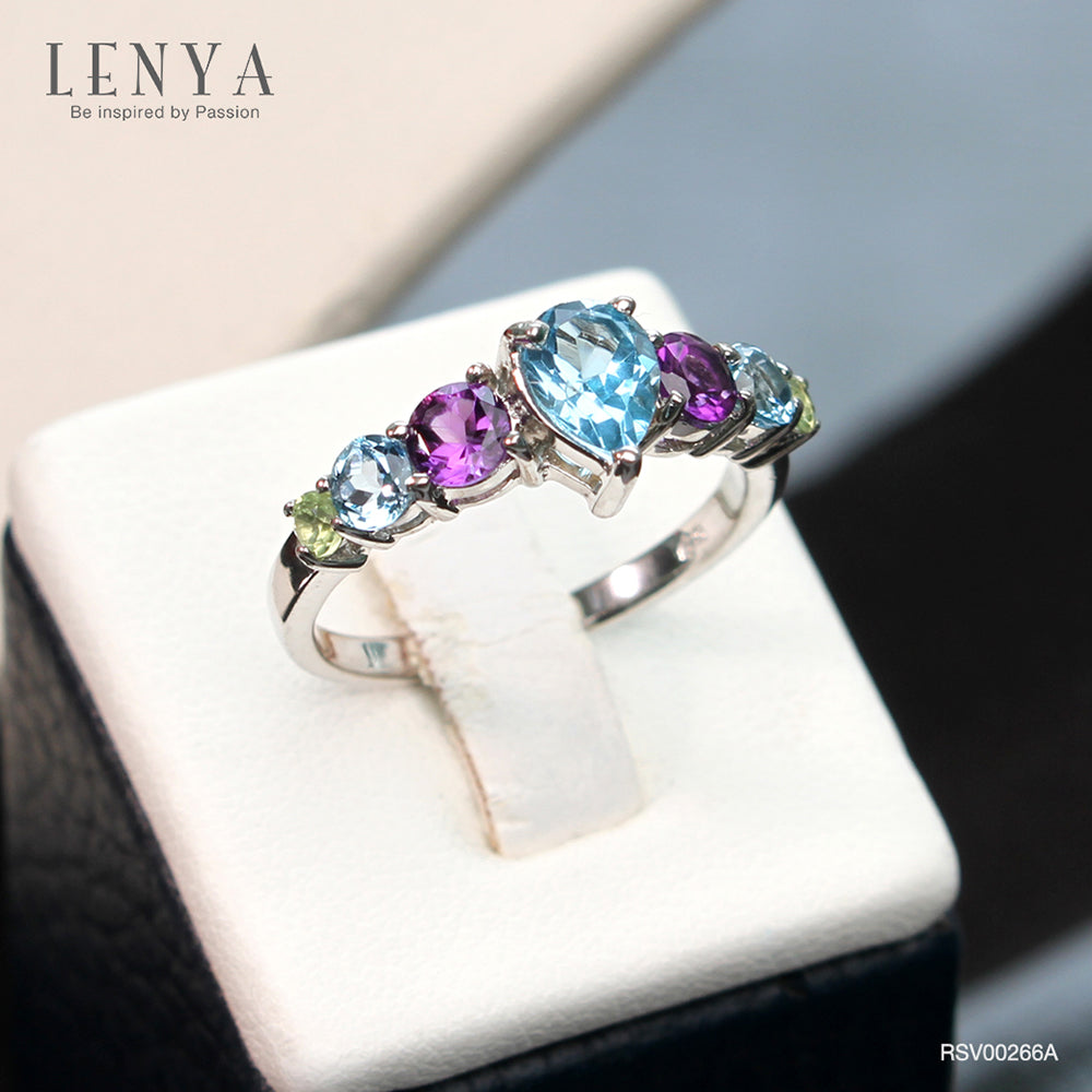 LENYA แหวนตัวเรือนเงินแท้ 925 ชุบทองขาว ประดับด้วยพลอย บลูโทแพซ(Blue Topaz) สีฟ้า อเมทีสต์ (Amethyst) สีม่วง และ  เพอริดอท(Peridot) นิ้วแบบไหน ใส่แหวนวงนี้ก็สวยได้