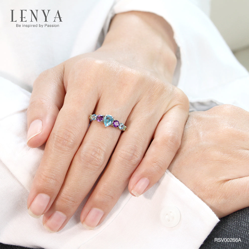 LENYA แหวนตัวเรือนเงินแท้ 925 ชุบทองขาว ประดับด้วยพลอย บลูโทแพซ(Blue Topaz) สีฟ้า อเมทีสต์ (Amethyst) สีม่วง และ  เพอริดอท(Peridot) นิ้วแบบไหน ใส่แหวนวงนี้ก็สวยได้