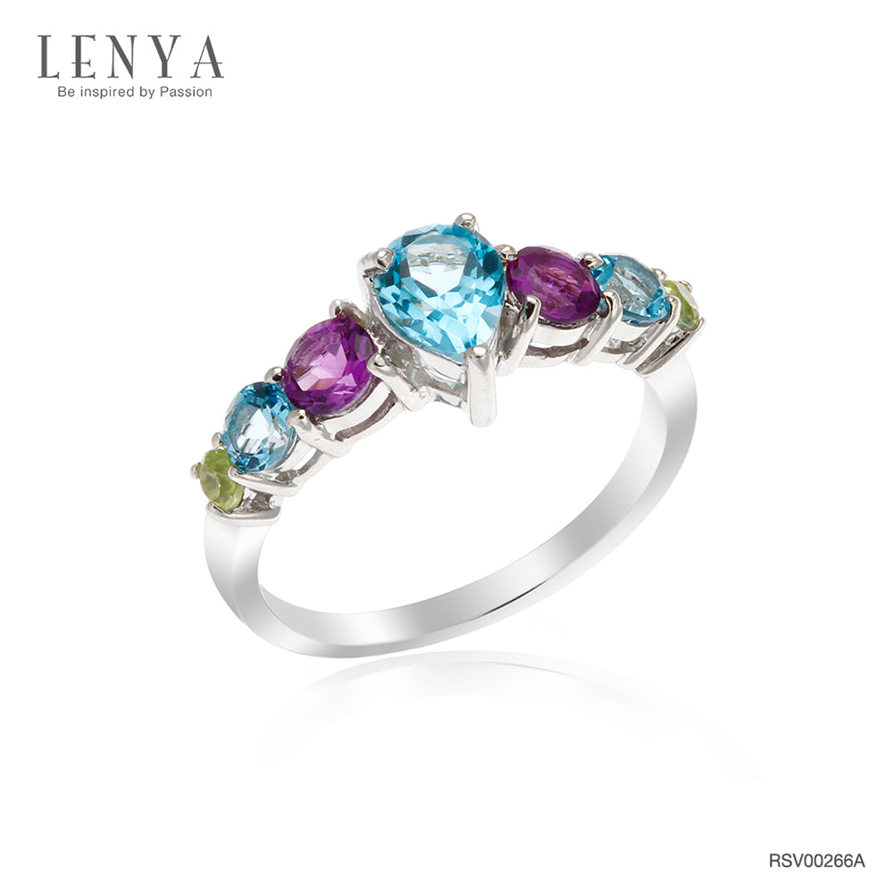 LENYA แหวนตัวเรือนเงินแท้ 925 ชุบทองขาว ประดับด้วยพลอย บลูโทแพซ(Blue Topaz) สีฟ้า อเมทีสต์ (Amethyst) สีม่วง และ  เพอริดอท(Peridot) นิ้วแบบไหน ใส่แหวนวงนี้ก็สวยได้