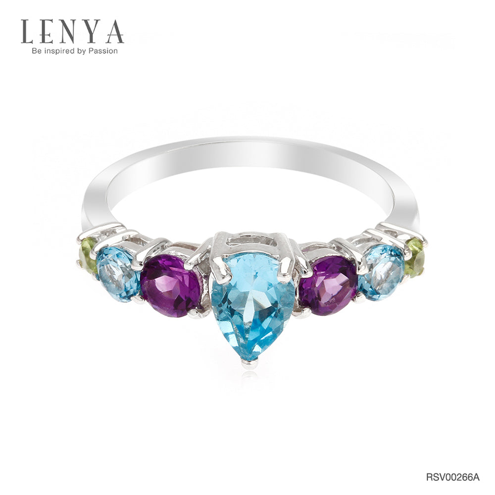 LENYA แหวนตัวเรือนเงินแท้ 925 ชุบทองขาว ประดับด้วยพลอย บลูโทแพซ(Blue Topaz) สีฟ้า อเมทีสต์ (Amethyst) สีม่วง และ  เพอริดอท(Peridot) นิ้วแบบไหน ใส่แหวนวงนี้ก็สวยได้