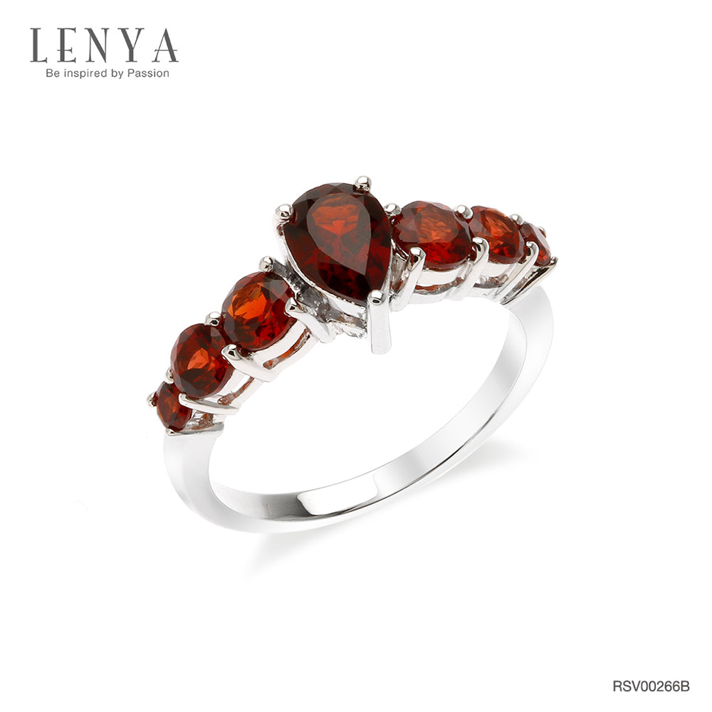 LENYA แหวนโกเมน เงินแท้ 925 ชุบทองขาว  เพิ่มเสน่ห์ให้กับเรียวนิ้ว  ด้วย พลอยสีแดง โกเมน( Garnet )