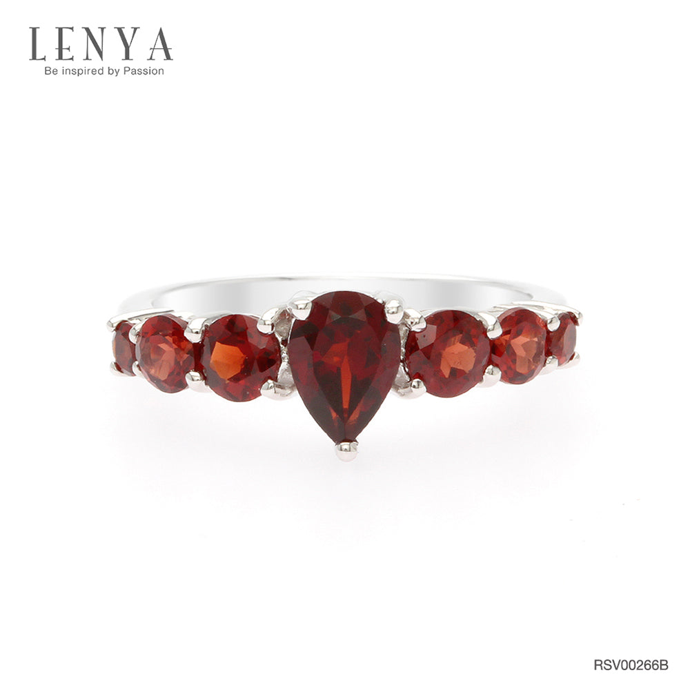 LENYA แหวนโกเมน เงินแท้ 925 ชุบทองขาว  เพิ่มเสน่ห์ให้กับเรียวนิ้ว  ด้วย พลอยสีแดง โกเมน( Garnet )