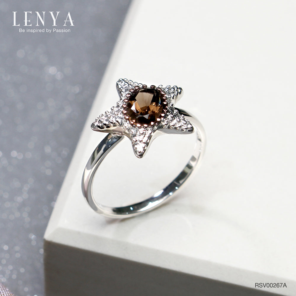 LENYA แหวนสโมกี้ควอตซ์ พลังแห่งการปกป้องและความสมดุล ขนาด 7x5 มิล ตัวเรือนเงินแท้925 ชุบทองคำขาว