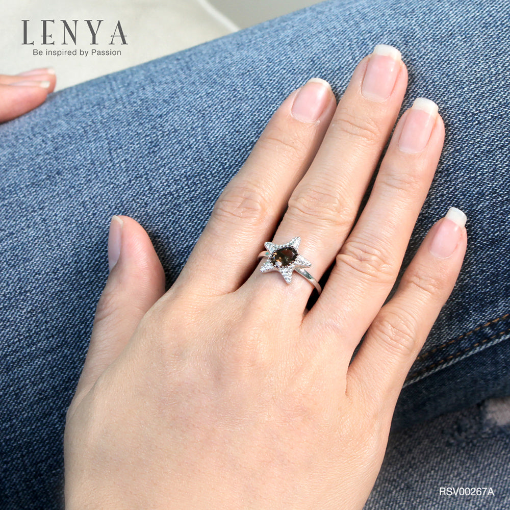 LENYA แหวนสโมกี้ควอตซ์ พลังแห่งการปกป้องและความสมดุล ขนาด 7x5 มิล ตัวเรือนเงินแท้925 ชุบทองคำขาว