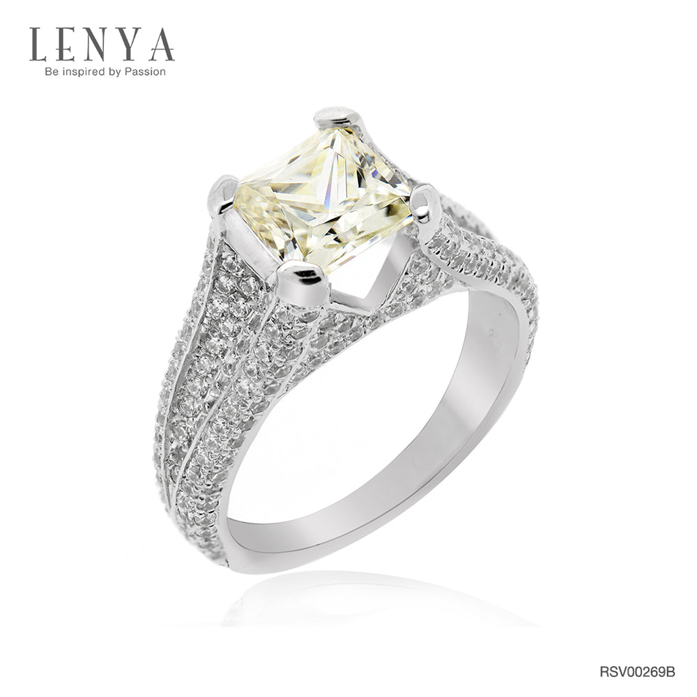 LENYA แหวน CZ สีเหลือง Diamondlike เสริมบุคลิก ขนาด 6.5 มิล ตัวเรือนเงินแท้925 ชุบทองคำขาว