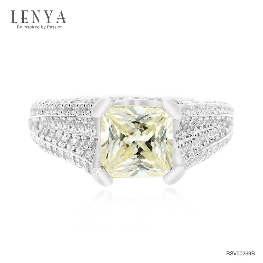 LENYA แหวน CZ สีเหลือง Diamondlike เสริมบุคลิก ขนาด 6.5 มิล ตัวเรือนเงินแท้925 ชุบทองคำขาว