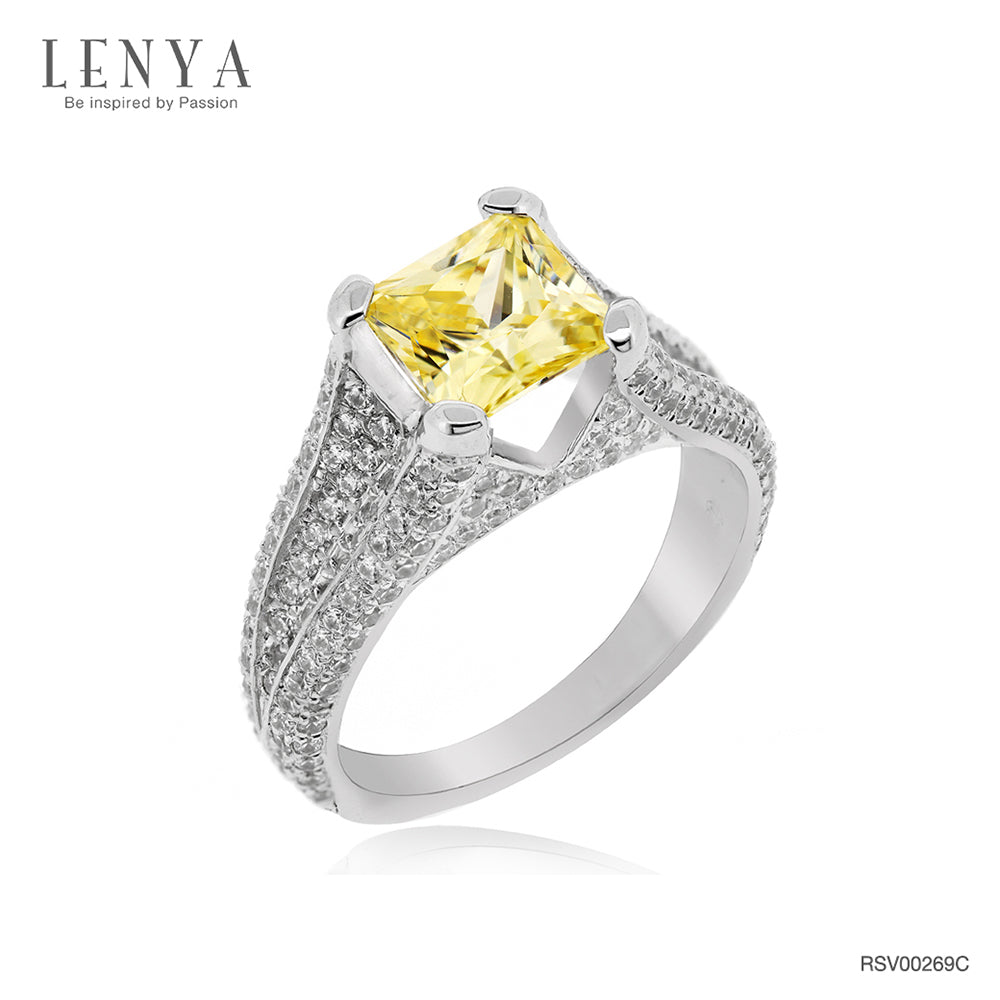LENYA แหวนเพชร DiamondLike สีแฟนซีเหลือบเหลืองโชว์ปลายของ DiamondLike ประดับด้วย Cubic Zirconia มากถึง 218 เม็ด  ดีไซน์ฉบับอิตาลี่ ตัวเรือนเงินแท้ ชุบทองคำขาว