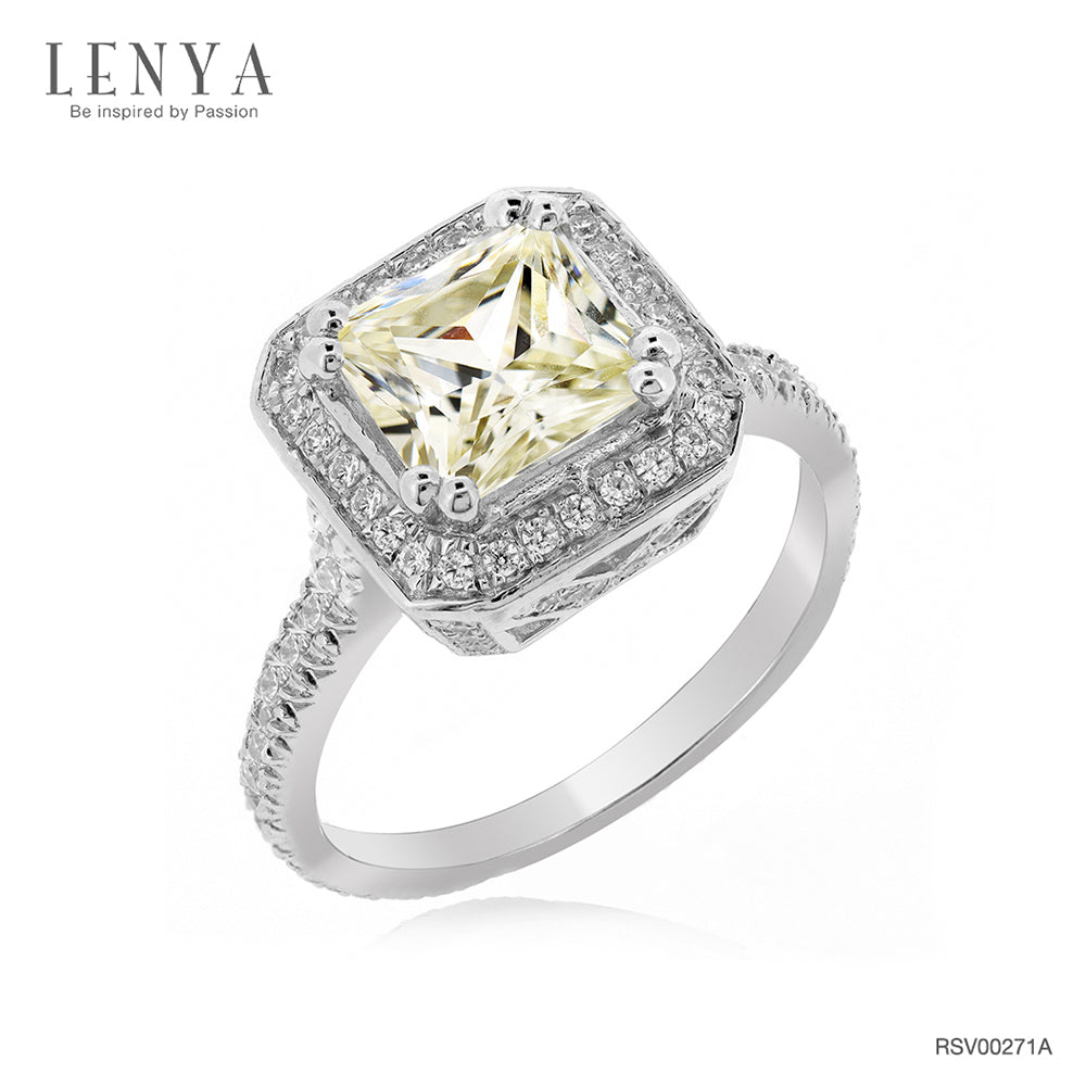 LENYA แหวน เพชร DiamondLike สีแฟนซี ประดับด้วย Cubic Zirconia เม็ดเล็ก 103 เม็ดล้อมรอบเพชรกลาง และตามตัวเรือนอย่างสวยงาม ตัวเรือนทำจากเงินแท้ชุบทองคำขาวสีสว่างใส ผสมผสานกับการดีไซน์แบบอิตาลี่