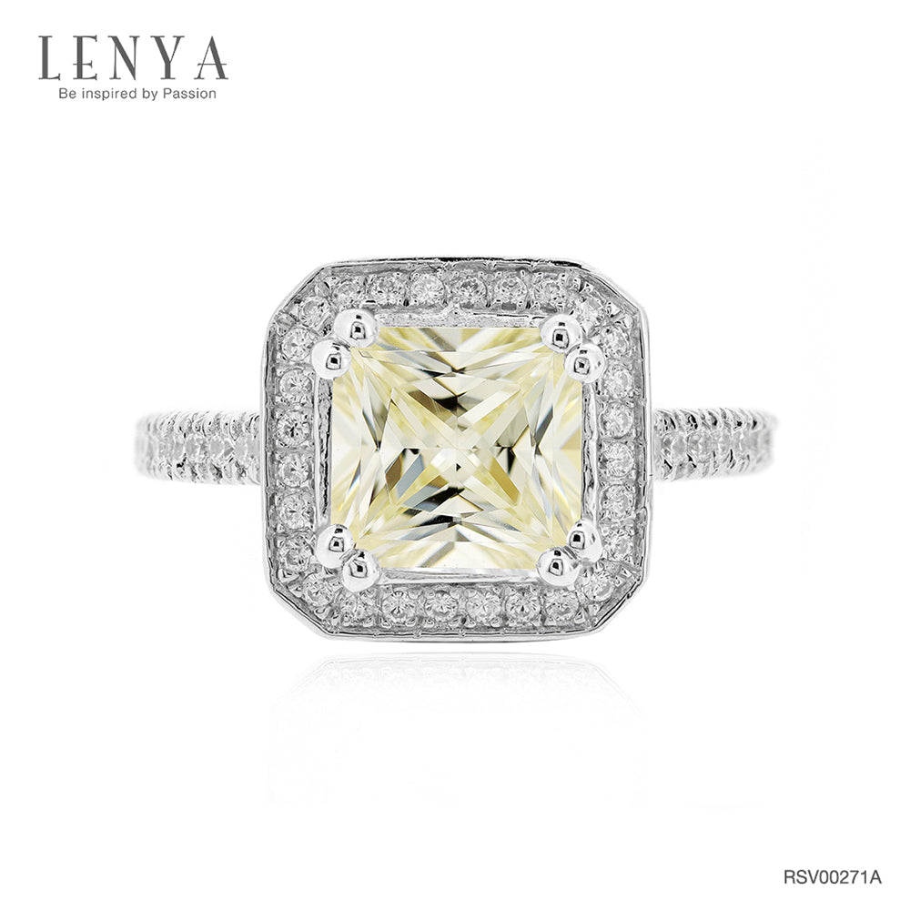 LENYA แหวน เพชร DiamondLike สีแฟนซี ประดับด้วย Cubic Zirconia เม็ดเล็ก 103 เม็ดล้อมรอบเพชรกลาง และตามตัวเรือนอย่างสวยงาม ตัวเรือนทำจากเงินแท้ชุบทองคำขาวสีสว่างใส ผสมผสานกับการดีไซน์แบบอิตาลี่