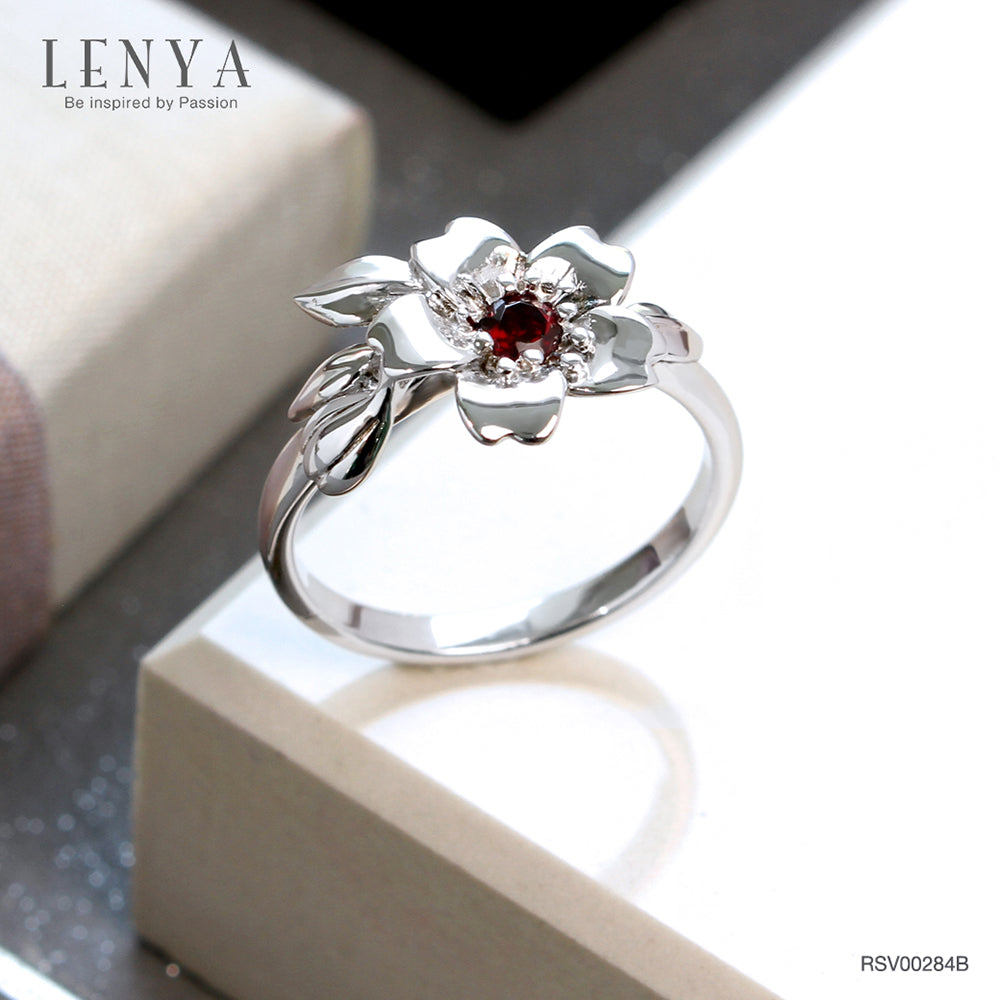 LENYA แหวนพลอยโกเมน เสริมด้านใจแกร่ง สำเร็จ มั่นคง ขนาด 3 มิล ตัวเรือนเงินแท้925 ชุบทองคำขาว