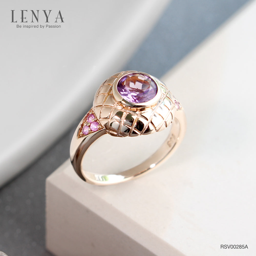 LENYA แหวนพลอยอเมทิสต์ เสริมความสงบใจ มีสติ มั่งคั่ง ขนาด 6 มิล ตัวเรือนเงินแท้925 ชุบพิงค์โกลด์