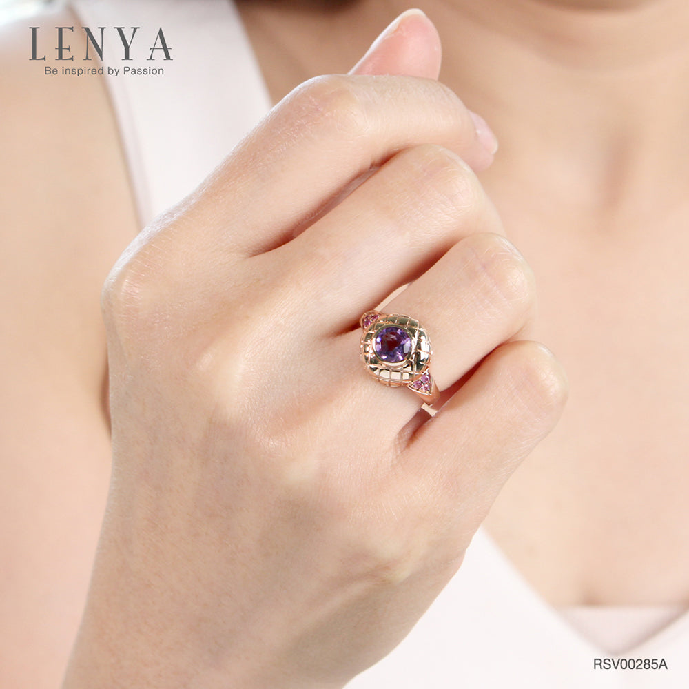 LENYA แหวนพลอยอเมทิสต์ เสริมความสงบใจ มีสติ มั่งคั่ง ขนาด 6 มิล ตัวเรือนเงินแท้925 ชุบพิงค์โกลด์