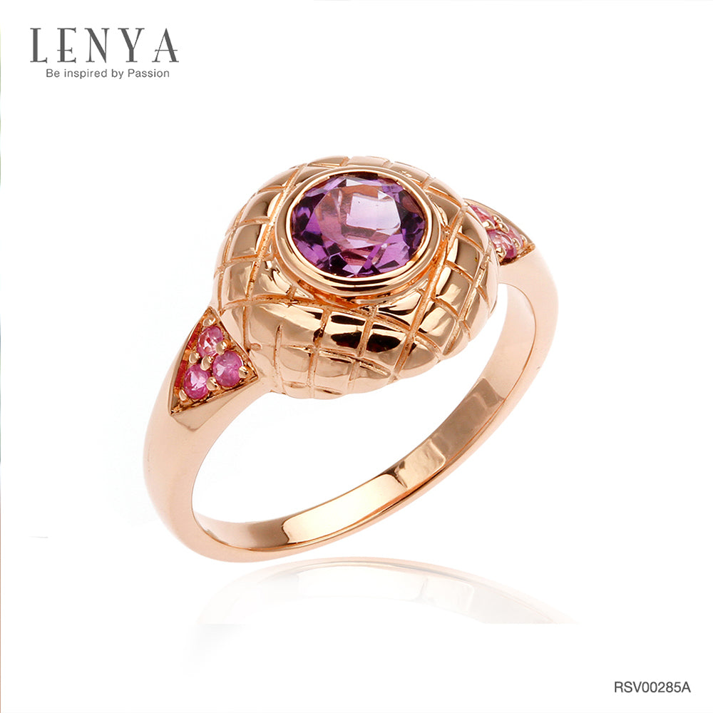 LENYA แหวนพลอยอเมทิสต์ เสริมความสงบใจ มีสติ มั่งคั่ง ขนาด 6 มิล ตัวเรือนเงินแท้925 ชุบพิงค์โกลด์