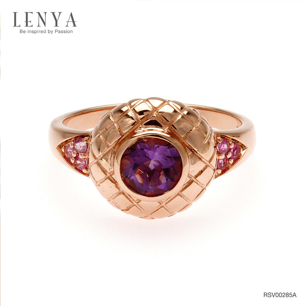 LENYA แหวนพลอยอเมทิสต์ เสริมความสงบใจ มีสติ มั่งคั่ง ขนาด 6 มิล ตัวเรือนเงินแท้925 ชุบพิงค์โกลด์