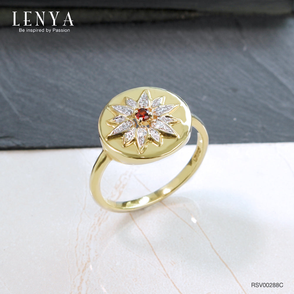 LENYA แหวนเงินแท้ 925 ชุบทองคำ 18k ดีไซน์ทรงดวงตะวัน แวววาวสะดุดตาด้วยโกเมน และเ พชร CZ เกรดสูงคัดพิเศษ ให้ความรู้สึกหรูหรา เลอค่า เสริมลุคให้ดูสวยสง่า เก่ง มีพลัง แต่ยังน่าหลงใหลในแบบผู้หญิง