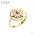 LENYA แหวนเงินแท้ 925 ชุบทองคำ 18k ดีไซน์ทรงดวงตะวัน แวววาวสะดุดตาด้วยโกเมน และเ พชร CZ เกรดสูงคัดพิเศษ ให้ความรู้สึกหรูหรา เลอค่า เสริมลุคให้ดูสวยสง่า เก่ง มีพลัง แต่ยังน่าหลงใหลในแบบผู้หญิง