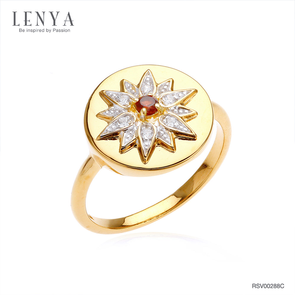 LENYA แหวนเงินแท้ 925 ชุบทองคำ 18k ดีไซน์ทรงดวงตะวัน แวววาวสะดุดตาด้วยโกเมน และเ พชร CZ เกรดสูงคัดพิเศษ ให้ความรู้สึกหรูหรา เลอค่า เสริมลุคให้ดูสวยสง่า เก่ง มีพลัง แต่ยังน่าหลงใหลในแบบผู้หญิง
