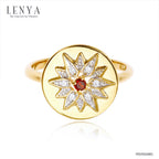 LENYA แหวนเงินแท้ 925 ชุบทองคำ 18k ดีไซน์ทรงดวงตะวัน แวววาวสะดุดตาด้วยโกเมน และเ พชร CZ เกรดสูงคัดพิเศษ ให้ความรู้สึกหรูหรา เลอค่า เสริมลุคให้ดูสวยสง่า เก่ง มีพลัง แต่ยังน่าหลงใหลในแบบผู้หญิง