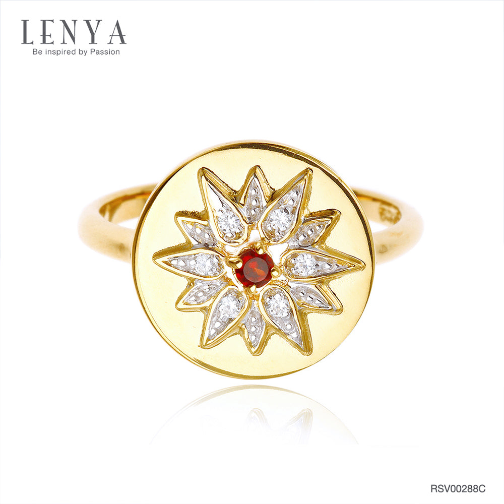 LENYA แหวนเงินแท้ 925 ชุบทองคำ 18k ดีไซน์ทรงดวงตะวัน แวววาวสะดุดตาด้วยโกเมน และเ พชร CZ เกรดสูงคัดพิเศษ ให้ความรู้สึกหรูหรา เลอค่า เสริมลุคให้ดูสวยสง่า เก่ง มีพลัง แต่ยังน่าหลงใหลในแบบผู้หญิง