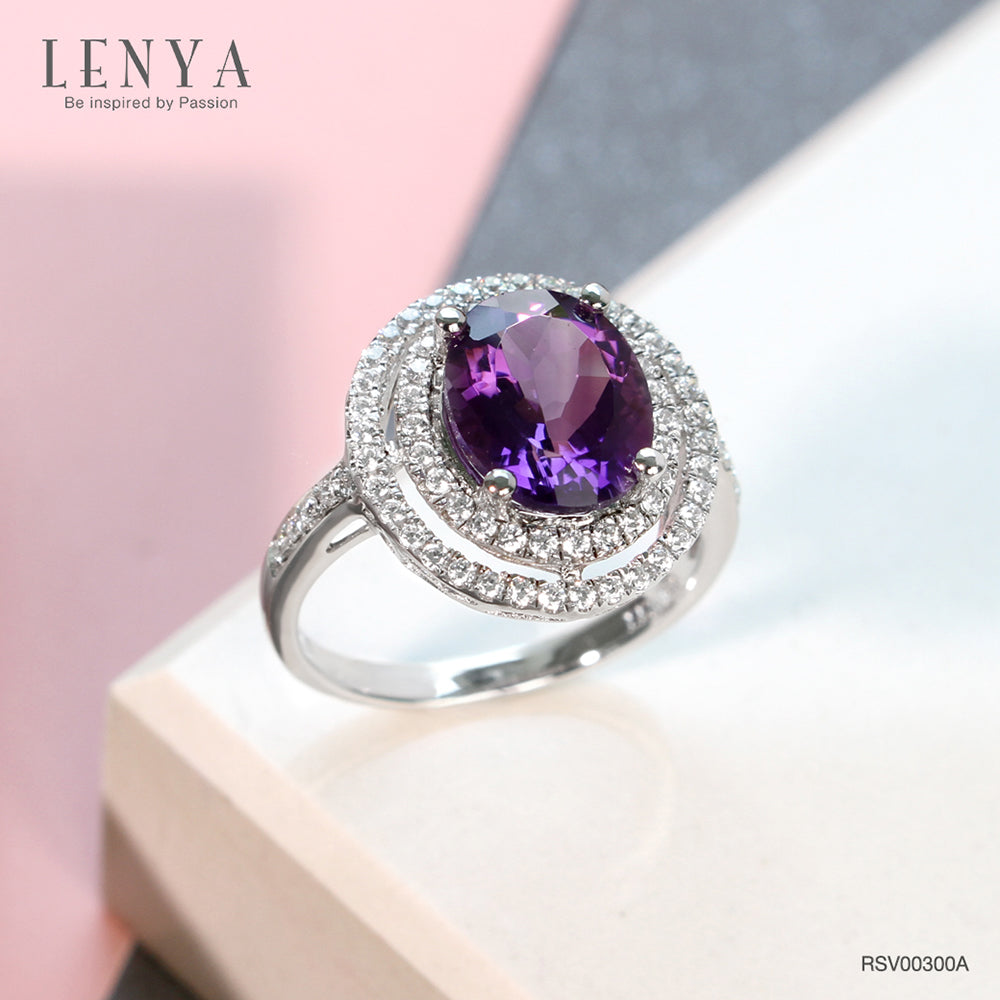 LENYA แหวนพลอยอเมทิสต์ เสริมความสงบใจ มีสติ มั่งคั่ง ขนาด 10x8 มิล ตัวเรือนเงินแท้925 ชุบทองคำขาว