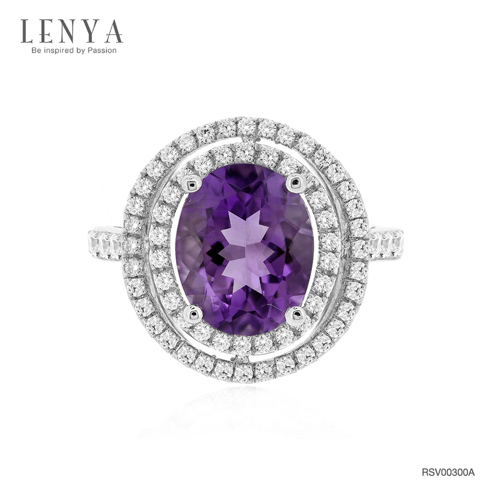 LENYA แหวนพลอยอเมทิสต์ เสริมความสงบใจ มีสติ มั่งคั่ง ขนาด 10x8 มิล ตัวเรือนเงินแท้925 ชุบทองคำขาว