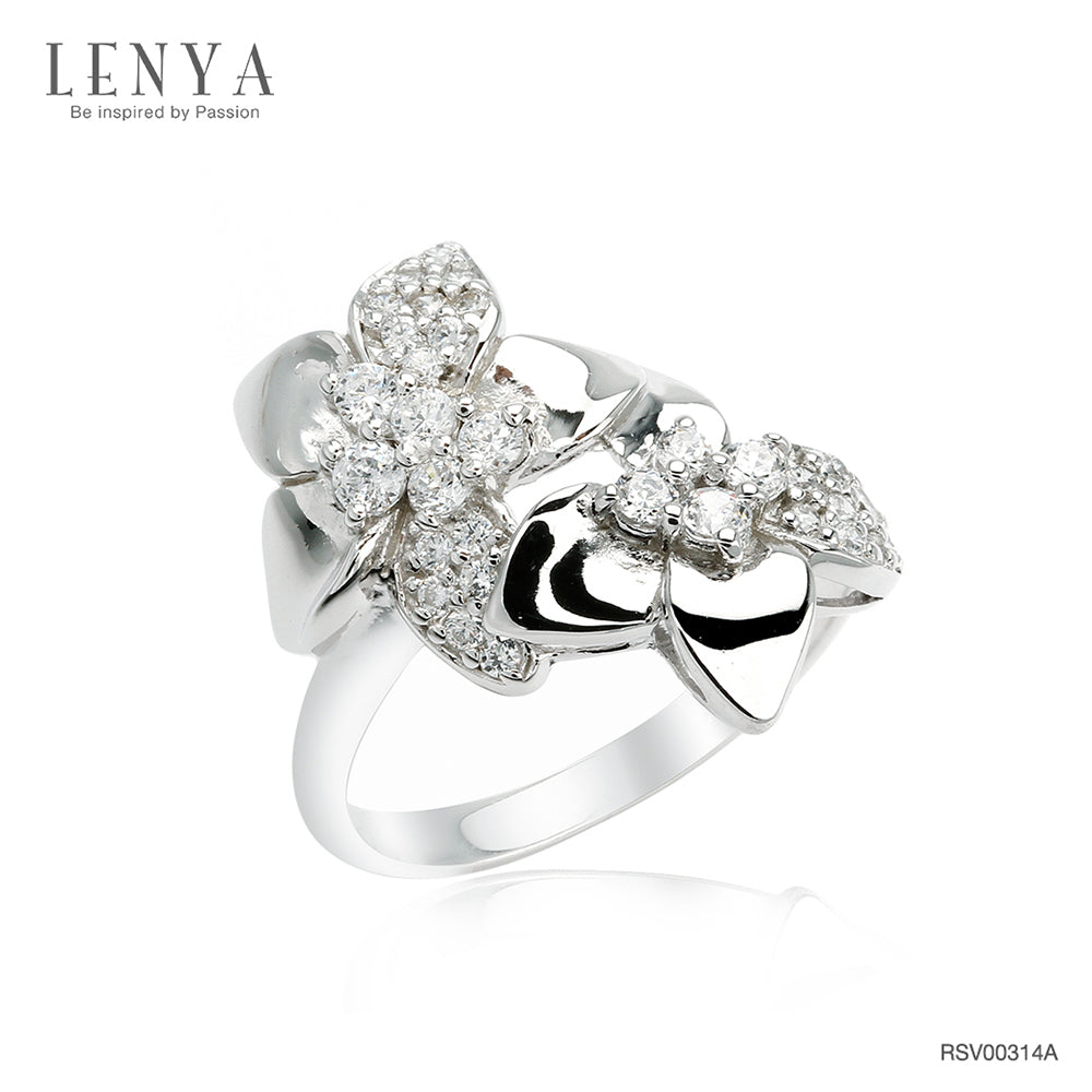 LENYA แหวน คิวบิกเซอร์โคเนีย (Cubic Zirconia) ตัวเรือนเงินแท้ 925 ชุบทองคำขาว ดีไซน์กลีบดอกไม้ เพิ่มความโดดเด่นให้พลอย