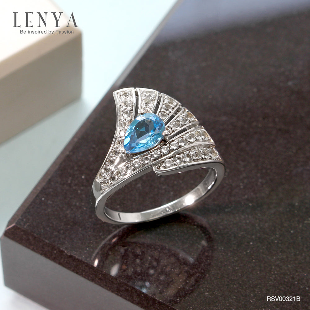 LENYA แหวนพลอยบลูโทแพซ เสริมความมั่นใจ ชัดเจน ปัญญา ขนาด 7x5 มิล ตัวเรือนเงินแท้925 ชุบทองคำขาว