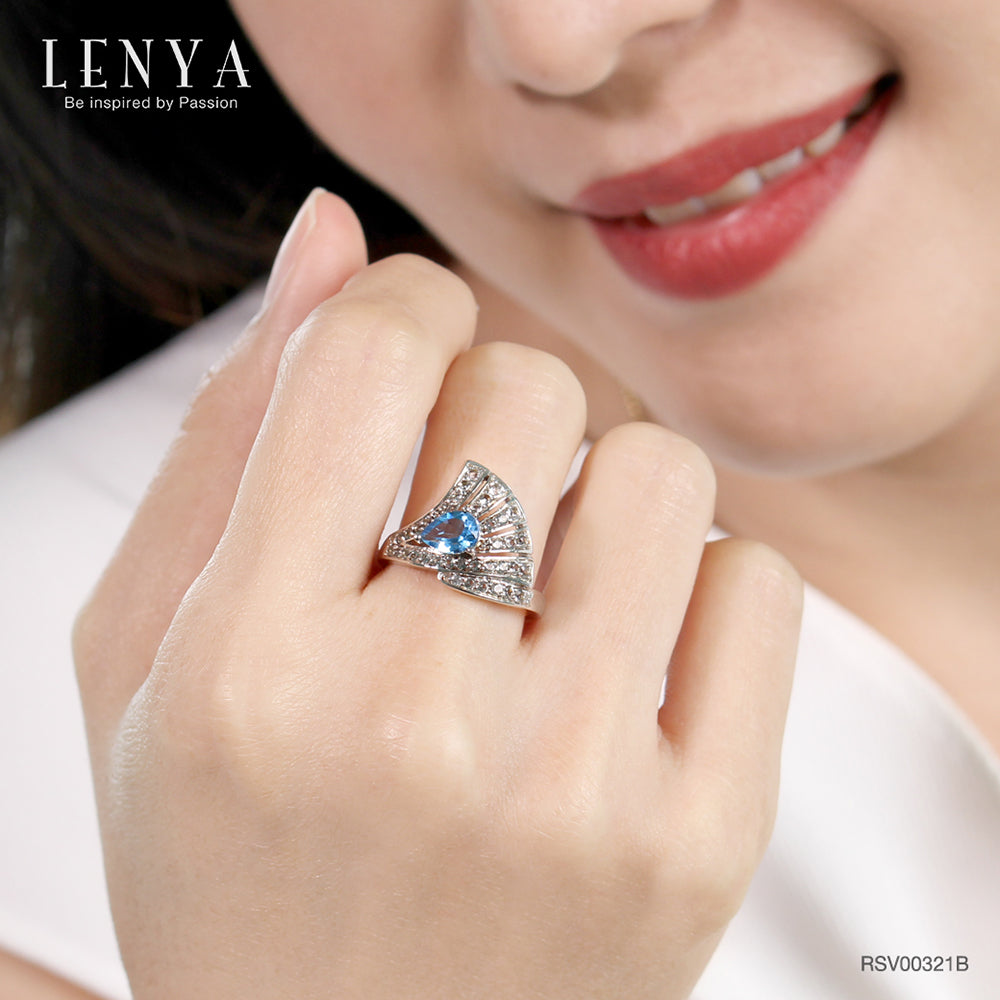 LENYA แหวนพลอยบลูโทแพซ เสริมความมั่นใจ ชัดเจน ปัญญา ขนาด 7x5 มิล ตัวเรือนเงินแท้925 ชุบทองคำขาว
