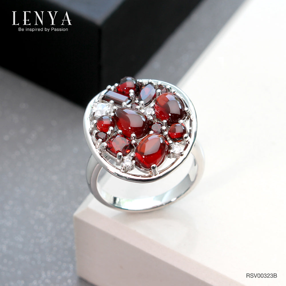 LENYA แหวนพลอยโกเมน เสริมด้านใจแกร่ง สำเร็จ มั่นคง ขนาด 7x5 มิล ตัวเรือนเงินแท้ 925 ชุบทองคำขาว