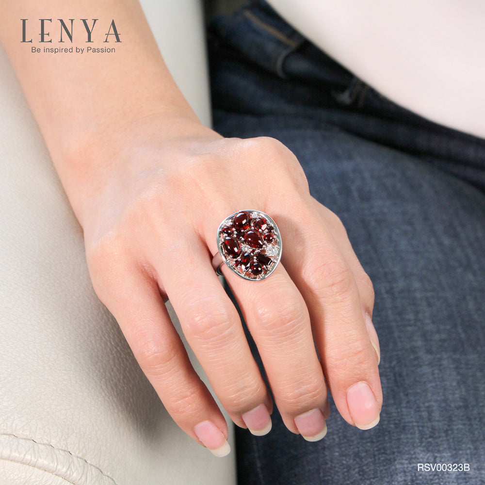 LENYA แหวนพลอยโกเมน เสริมด้านใจแกร่ง สำเร็จ มั่นคง ขนาด 7x5 มิล ตัวเรือนเงินแท้ 925 ชุบทองคำขาว