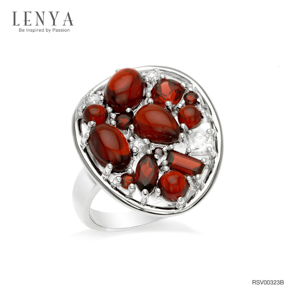LENYA แหวนพลอยโกเมน เสริมด้านใจแกร่ง สำเร็จ มั่นคง ขนาด 7x5 มิล ตัวเรือนเงินแท้925 ชุบทองคำขาว