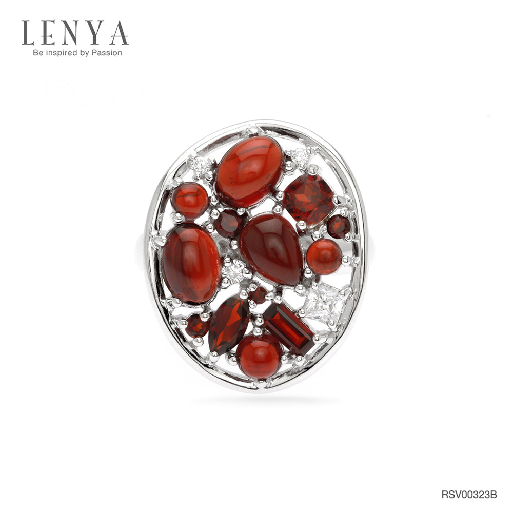 LENYA แหวนพลอยโกเมน เสริมด้านใจแกร่ง สำเร็จ มั่นคง ขนาด 7x5 มิล ตัวเรือนเงินแท้ 925 ชุบทองคำขาว