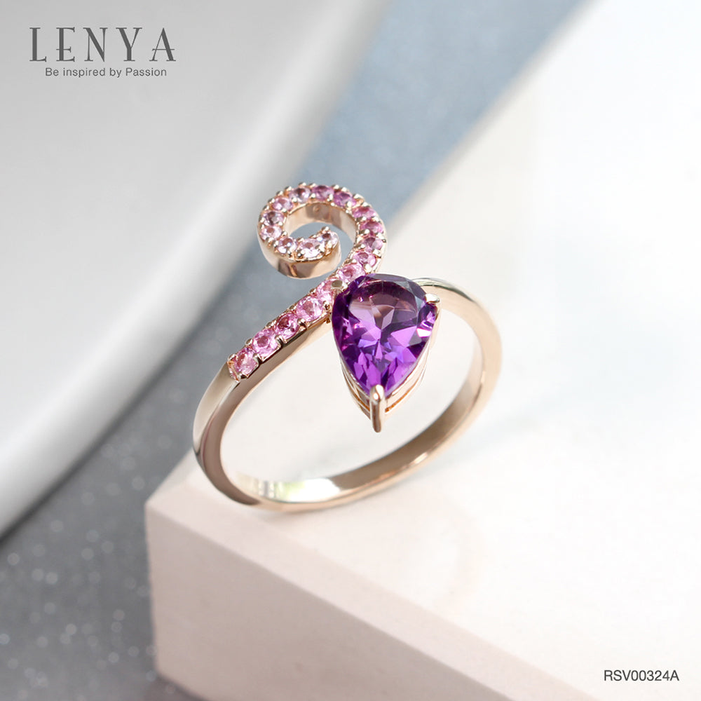 LENYA แหวนเงินแท้ 925 ดีไซน์เรียบหรูประดับพลอยทรงหยดน้ำสีม่วง อะเมทิสต์(Amethyst) และแซฟไฟร์สีชมพู(Pink Sapphire)  ชุบทองชมพู