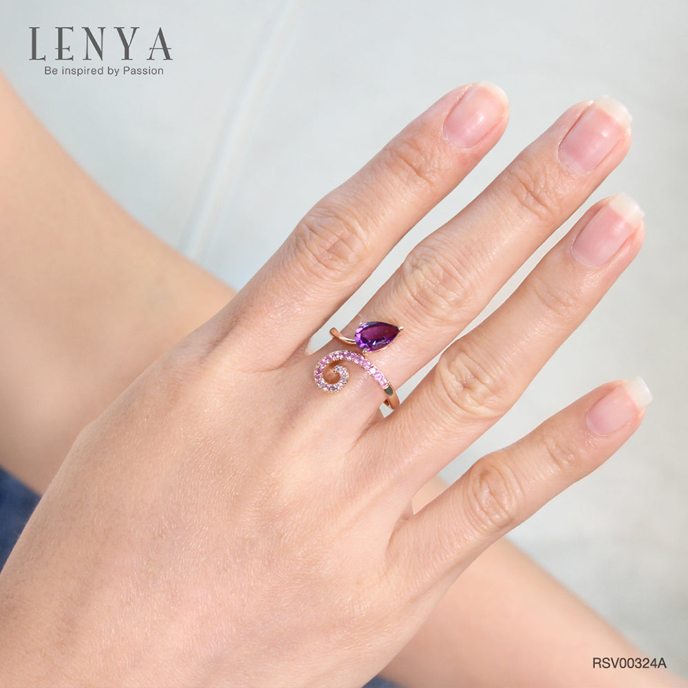 LENYA แหวนเงินแท้ 925 ดีไซน์เรียบหรูประดับพลอยทรงหยดน้ำสีม่วง อะเมทิสต์(Amethyst) และแซฟไฟร์สีชมพู(Pink Sapphire)  ชุบทองชมพู