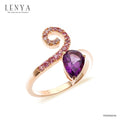LENYA แหวนเงินแท้ 925 ดีไซน์เรียบหรูประดับพลอยทรงหยดน้ำสีม่วง อะเมทิสต์(Amethyst) และแซฟไฟร์สีชมพู(Pink Sapphire)  ชุบทองชมพู
