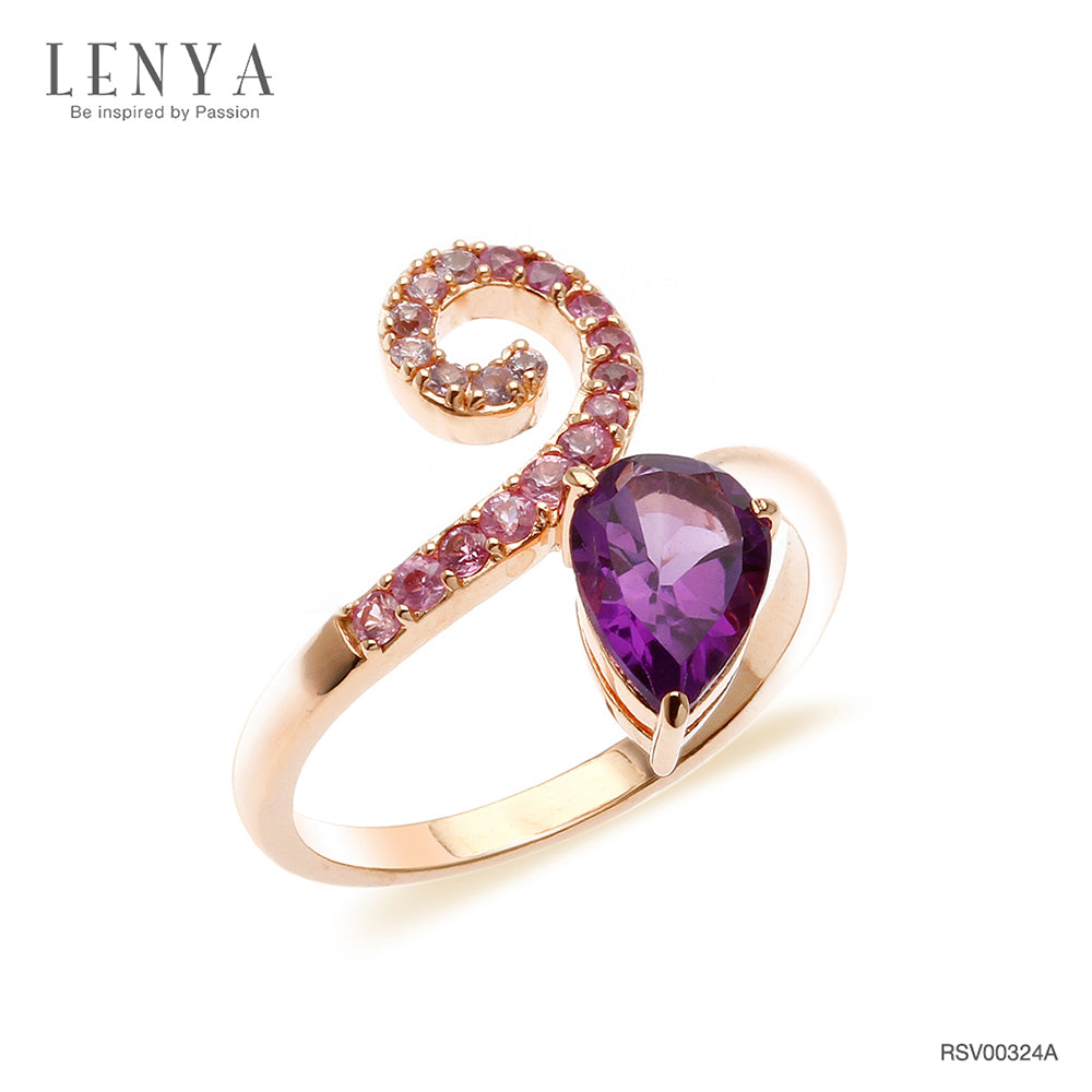 LENYA แหวนเงินแท้ 925 ดีไซน์เรียบหรูประดับพลอยทรงหยดน้ำสีม่วง อะเมทิสต์(Amethyst) และแซฟไฟร์สีชมพู(Pink Sapphire)  ชุบทองชมพู