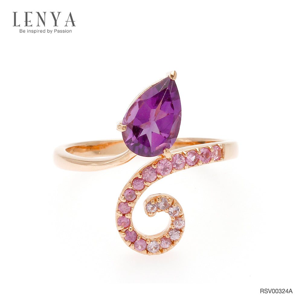 LENYA แหวนเงินแท้ 925 ดีไซน์เรียบหรูประดับพลอยทรงหยดน้ำสีม่วง อะเมทิสต์(Amethyst) และแซฟไฟร์สีชมพู(Pink Sapphire)  ชุบทองชมพู
