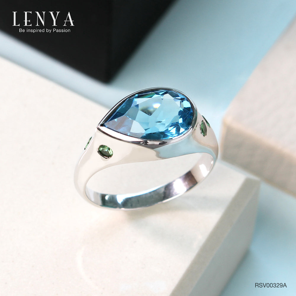 LENYA แหวนพลอยบลูโทแพซ เสริมความมั่นใจ ชัดเจน ปัญญา ขนาด 12x8 มิล ตัวเรือนเงินแท้925 ชุบทองคำขาว