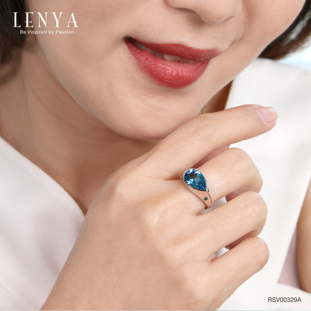 LENYA แหวนพลอยบลูโทแพซ เสริมความมั่นใจ ชัดเจน ปัญญา ขนาด 12x8 มิล ตัวเรือนเงินแท้925 ชุบทองคำขาว