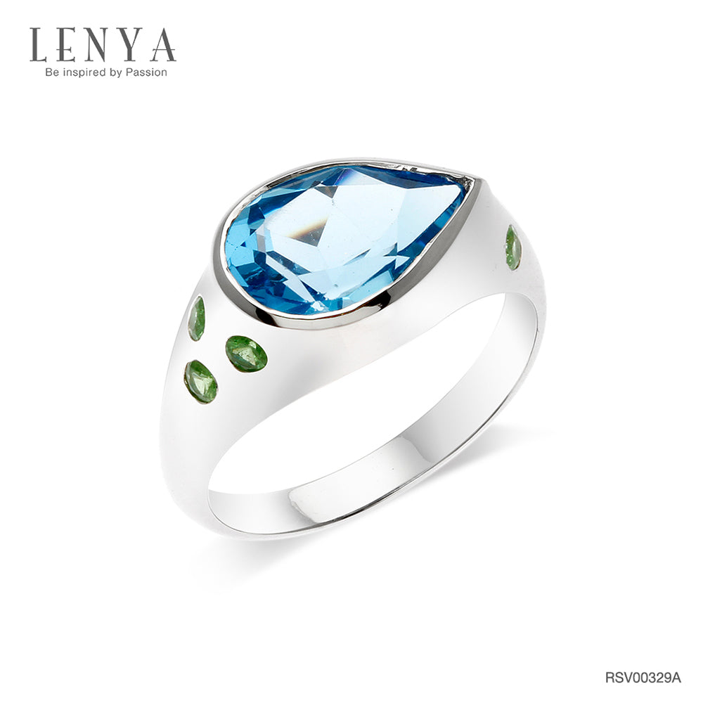 LENYA แหวนพลอยบลูโทแพซ เสริมความมั่นใจ ชัดเจน ปัญญา ขนาด 12x8 มิล ตัวเรือนเงินแท้925 ชุบทองคำขาว