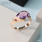 LENYA แหวนอเมทีสต์ (Amethyst)  สีม่วง ทรงหยดน้ำ ประดับด้วยซาโวไรท์ ตัวเรือนเงินแท้ 925 ชุบทองสีชมพู พิ้งโกลด์