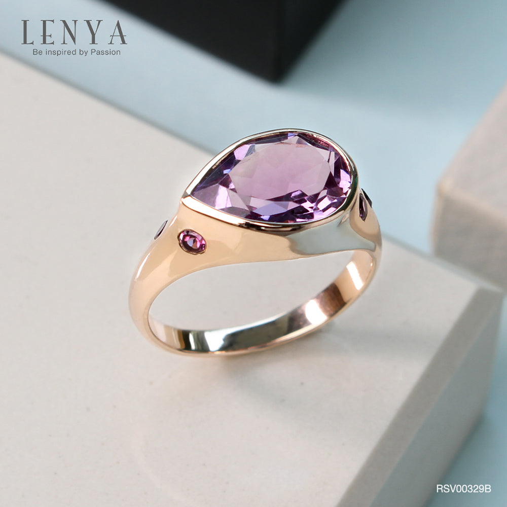 LENYA แหวนอเมทีสต์ (Amethyst)  สีม่วง ทรงหยดน้ำ ประดับด้วยซาโวไรท์ ตัวเรือนเงินแท้ 925 ชุบทองสีชมพู พิ้งโกลด์
