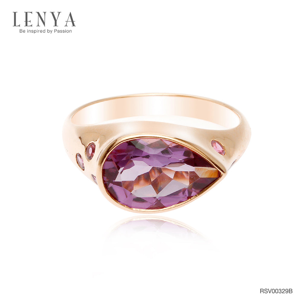 LENYA แหวนอเมทีสต์ (Amethyst)  สีม่วง ทรงหยดน้ำ ประดับด้วยซาโวไรท์ ตัวเรือนเงินแท้ 925 ชุบทองสีชมพู พิ้งโกลด์